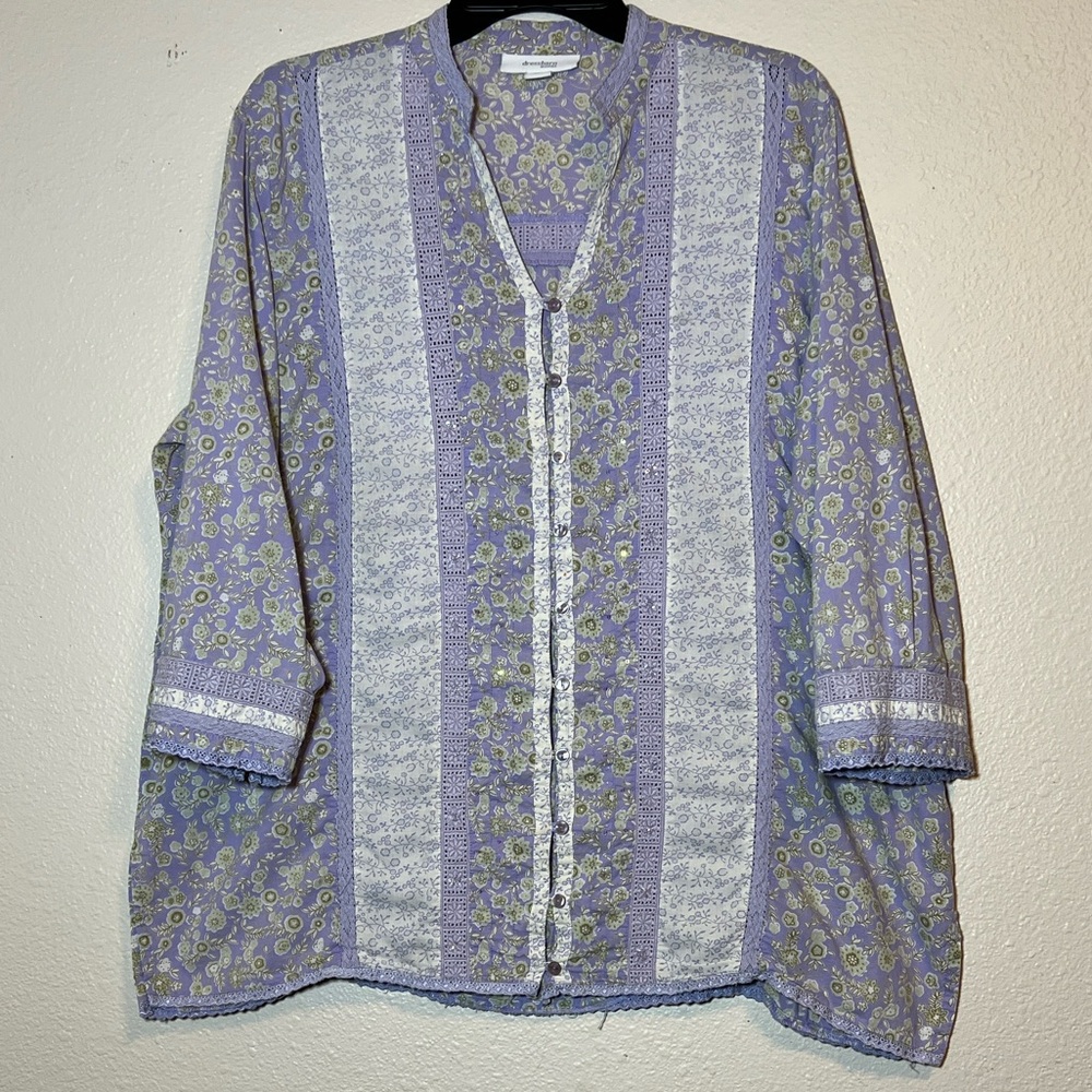 Dressbarn Woman 2X Lavender Floral Boho Blouse Lace Trim Cottagecore